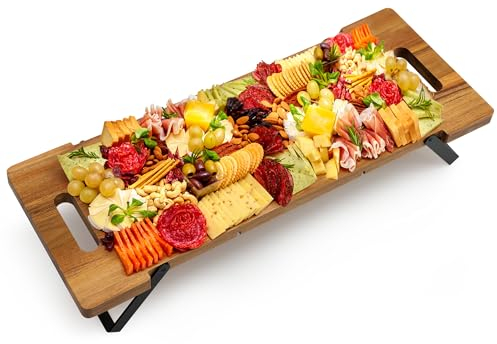 Hanobe Charcuterie Cheese Board Large: 23in Long Acacia Wooden Serving Tray with Handles Folding Legs Rectangular Appetizer Plank Platter for Parties Buffet Food Display