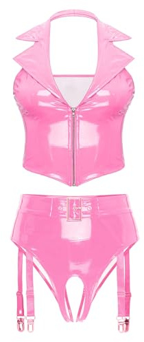 Freebily Damen Wetlook Dessous Set Lack Leder Weste Crop Top Ouvert G-String Strapse Slip Set Erotik Lingerie Nachtclub Gogo Outfit Clubwear