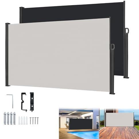 YRHome Markise Seitenmarkise Wandmarkise Ausziehbar Sichtschutz Sonnenschutz Windschutz für Garten Balkon Seitenrollo Seitenwandmarkise Markisenstoff 180 x 300 cm- Grau