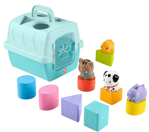 Fisher-Price Pets - Trasportino Cercaforme, set attività con 4 blocchi a tema animali e 4 formine per sviluppare le capacità motorie complesse, giocattolo per bambini, 6+ mesi, HTW93
