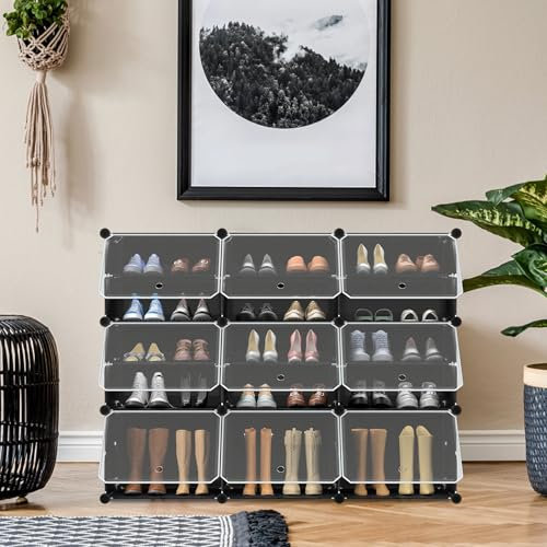 Suusolny 3 Spalten 6 Ebenen Schuhregal Schuhablage Schuhregale Schuh Organizer mit durchsichtig Tür Platzsparend Schuhboxen Schuhschrank Regalsystem für Flur Schlafzimmer Schwarz - 122x32x93cm