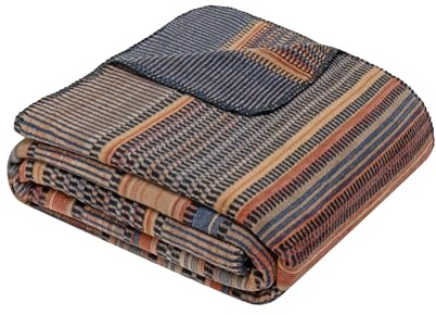 Ibena Guntur Decke 150 x 200 cm - Baumwollmix, weich, warm & waschbar, Kuscheldecke gestreift beige blau