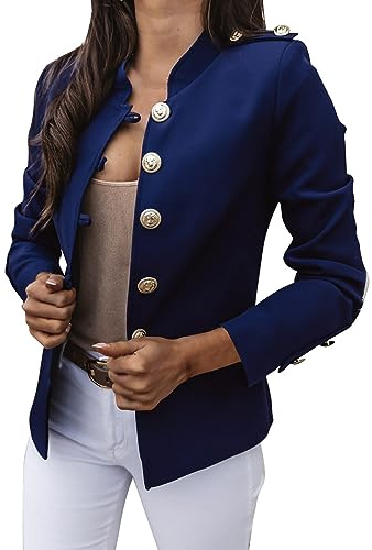 Sakko - Giacca corta da donna, corta, elegante, leggera, con bottoni dorati, blazer, corta, a maniche lunghe, sportiva, con blazer corto, elegante, Blu, M