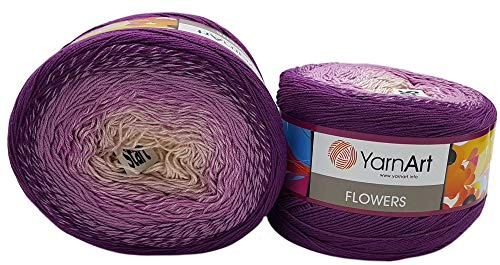 2 x 250g Ilkadim Export Flowers Bobbel Wolle Mehrfarbig, 55% Baumwolle, 500g Bobble Strickwolle mit Farbverlauf (lila flieder creme 290)