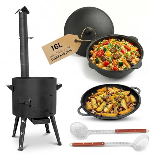 Utschak Ø44cm 2mm Stahl Feuerofen mit Abzugsrohr Aschekasten Gusseisen Kazan 16L Set Outdoor Küche Campingofen Feldküche Dutch Oven BBQ Lagerfeuer Eintopfofen mit Schaumkelle Suppenkelle