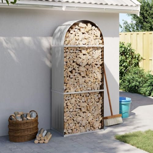 IKAYAA Kaminholzregal Aussen Metall Kaminholzhalter XXL Brennholzregal Außen Feuerholzregal Kaminholzständer Brennholz Garten Kaminholzlager Holzhalter aus Stahl in Hellgrau 80 x 45 x 190 cm