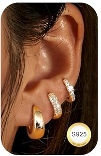 LOLIAS 3 Paar Chunky Ohrringe Creolen Silber 925 Set Hypoallergen | Klein Ohrringe Silber 925 Creolen Silberohrringe Silver Hoop Earrings Women Schmuck Damen Gold/Silber