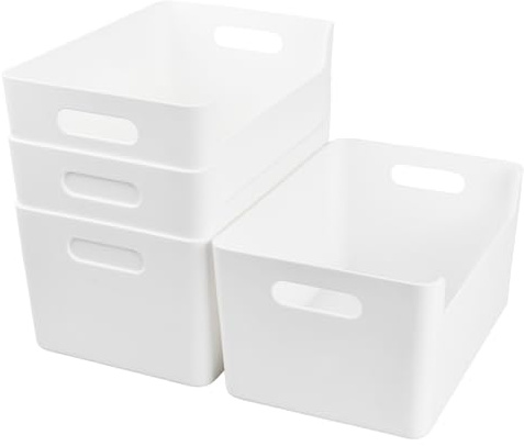 Focenat 4 Pièces Boîtes de Rangement en Plastique, Paniers de Rangement, Boite Rangement avec Poignées, Panier Organiseur Placard pour Cuisine, Salle de Bain, Bureau, Blanc, 25 x 17 x 13.5 cm