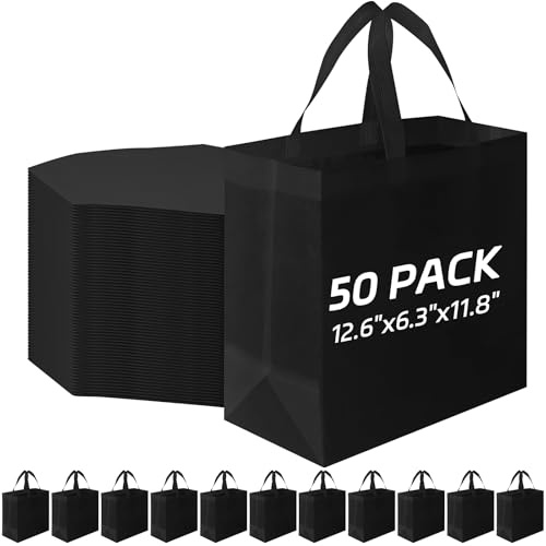 Xaztr 50Pcs Reusable Tote Bags Bulk, Large Shopping Bags Non Woven Grocery Bag Gift Bag with Handles for Party Retail Boutiques, Black