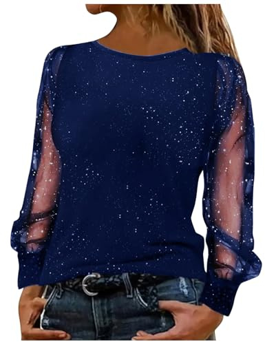 Keepink Sparkly Tops for Women UK Party Wear Lace Mesh Sheer Long Sleeve Top Elegant Dressy Blouse Crew Neck Sequin Tee Shirts Trendy Casual Glitter T Shirt Baggy Tunic Jumper Sale