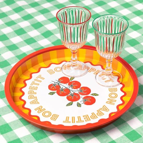 Talking Tables Large Round Serving Tray for Drinks, Snacks, Condiments Decorative and Colourful Tomato Design, Ideal for Summer Dining, BBQ, Outdoor Dining Garden Parties | Made of Tin | 31cm