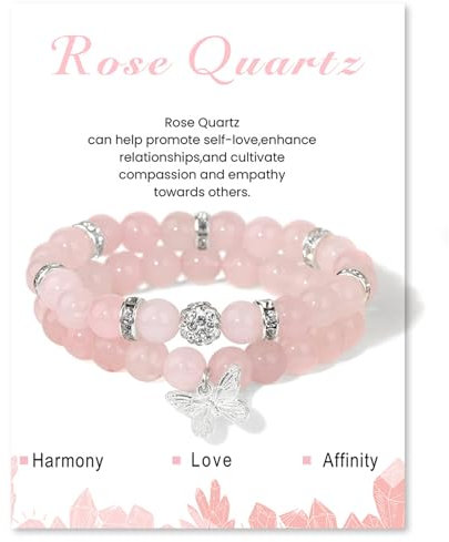 ZENGSING 2 Stück Edelsteine Stretch Armband, Naturstein Perlen Stretch-Armband, Edelstein Armband, Stretch Elastic Butterfly Charms Stone Bracelet, Naturstein Armband für Frauen Männer Teens (Rosa)
