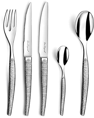 LOU LAGUIOLE Jet Textil Tafelservice 30 teilig + 6 Steakmesser, Edelstahl | Besteckset 24-teilig für 6 Personen und 6 Steakmesser, Edelstahl 18/0, Textilbeschichtung, spülmaschinenfest