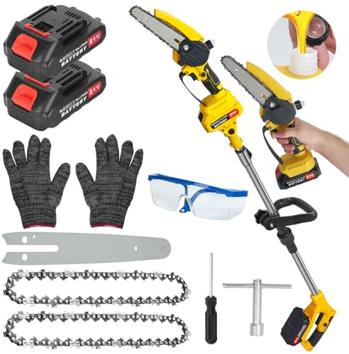 HshDUti Scie à perche électrique 2 en 1 pour élaguer les arbres, mini tronçonneuse sans fil de 15,2 cm avec perche d'extension, scie à chaîne alimentée par batterie, coupe-branches avec 2 batteries