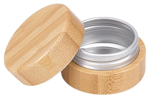 MAYJOYDIY 0.3oz Empty Refillable Cosmetic Jars with Bamboo Shell Aluminum Tin Jar with Screw Cap Smooth Wooden Cream Container Empty Sample Jar for Travel Storage Cosmetic Lip Balm Cream