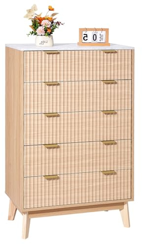 VEVOR 5 Fluted Drawer Dresser, Wooden Chest of Drawers with Sliding & Anti-tip Device, Modern Minimalist Dresser Chest, Closet Storage Organizer for Living Room, Hallway, Bedroom, Entryway, Light Wood