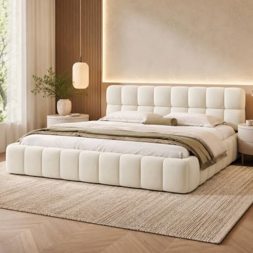 DAHUEN Polsterbett 140x200 mit Lattenrost, Doppelbett, Bubble Bett, mit Gepolstertes Kopfteil, Baumwoll- und Leinenmaterial, Tatami-Stil, Für Erwachsene und Jugendliche (Beige, 140x200 cm)