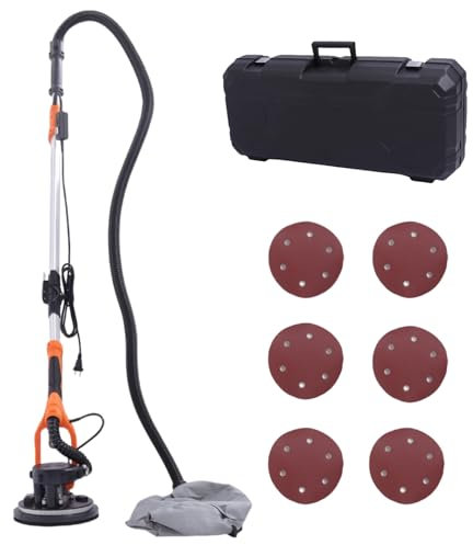 DAOHHFO 850W Trockenbauschleifer mit Staubabsaugung | Decken-Wandschleifer mit Ø 225mm Schleifgiraffe | 6-Gang Getriebe, Teleskopstiel | inkl. Staubsack, LED-Licht & 6x Schleifpapier (Orange)