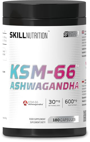 SKILL Nutrition Ashwagandha KSM-66 | 180 Capsules | 600mg Extrait de Racine Standardisé | Adaptogène : Stress, Récupération & Sommeil | Haute Biodisponibilité | Végétalien