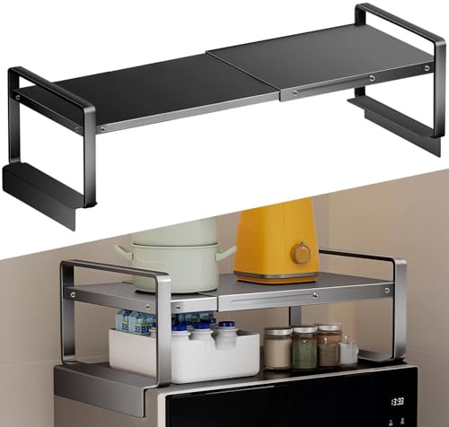 (17-31.5 inches) Adjustable Refrigerator or Washer Top Storage Rack - Expandable Organizer Shelf, L-Shaped Protective Card Slot Design for Kitchen, Laundry Room, Dorm -Durable Metal Space Saver-Large