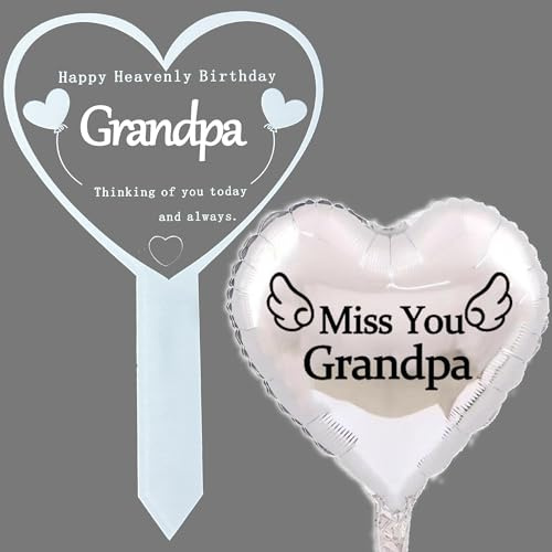 Ensemble de piquet et ballons commémoratifs pour grand-père - Plaque commémorative en forme de cœur - Marqueur de tombe - Pour l'extérieur, jardin, cour, joyeux anniversaire céleste