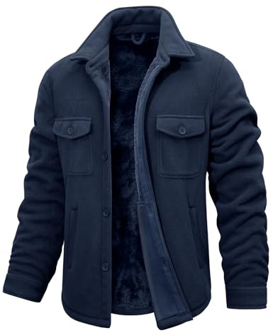 Xnova Giubbotto Invernale Uomo in Pile Termica Giacca da Lavoro Casual Giubbotti Invernali Calda con Risvolto Camicia in Flanella a Maniche Lunghe con Bottone Classico Jacket, Blu Navy, L