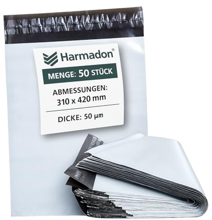 Harmadon Versandtaschen 50 Stück 310x420mm – Selbstklebende Kunststofftaschen für Kleidung – Reißfest, Wasserdicht, Weiß – Ideal für Warensendungen