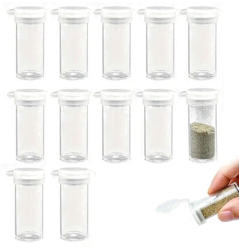 TSUOUKL 12er Set Salzstreuer aus Kunststoff Extra kleine Salzstreuer Gewürzflaschen Klein Salz und Pfefferstreuer Tragebare Ministreuer mit Deckel für Brotdose unterwegs Camping Bento-Box 9ml