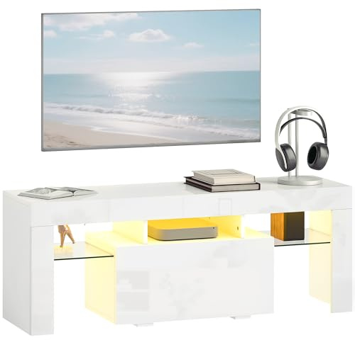 HOMCOM Mueble TV 120 cm con iluminación LED RGB, alto brillo, mueble de TV para hasta 43-50 pulgadas, estantes de cristal templado y armario abatible, banco de TV para sala de estar, dormitorio