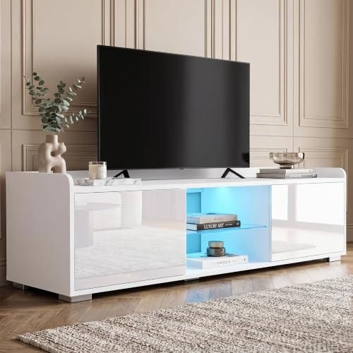Blisswood 140cm White TV Unit – Modern LED TV Stand Cabinet with 20-Colour Remote-Controlled Lights, High Gloss Doors, Glass Shelf, Side Cupboards & Storage, Suitable for 43–55” TVs