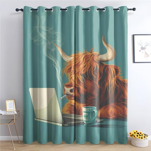 Hochlandrind Vorhänge Lustige Hochlandkuh Bauernhoftiere Vorhang Blickdicht mit Ösen, Verdunkelungsvorhang Gardinen für Schlafzimmer Wohnzimmer Deko, Blackout Curtain 2er Set H H 160 x B 132 cm
