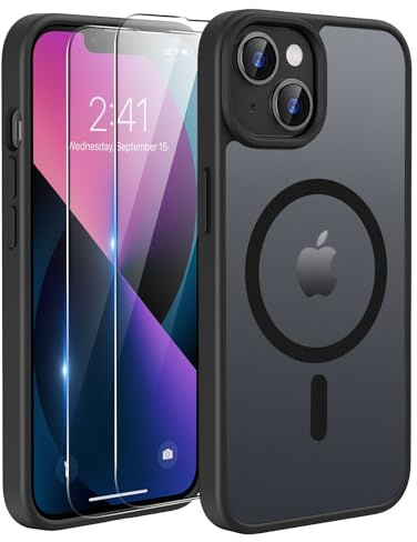 TQIAHF Magnetisch Hülle für iPhone 13 / iPhone 14 Handyhülle mit 2 Schutzglas Folie Kompatibel mit Magsafe Hart Dünn Stoßfest Militärschutz Cover Case Hüllen Schutzhülle,Schwarz