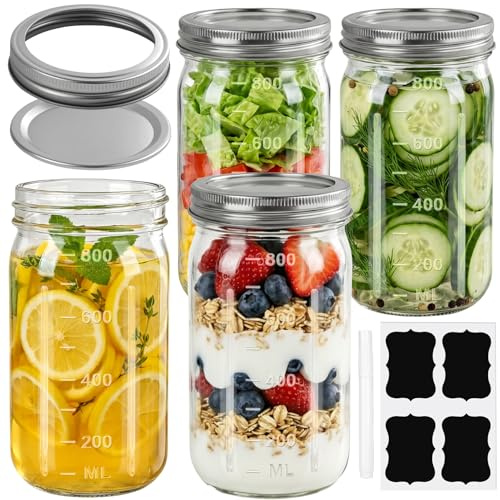 Otauoaea Pack de 4 Mason Jar 940ml Tarros de Cristal con Tapa Hermética - Tarros Mason, Botes de Cristal Frascos de Vidrio con Tapa para Avena Nocturna, Mermelada, Conservas, Miel, Salsas