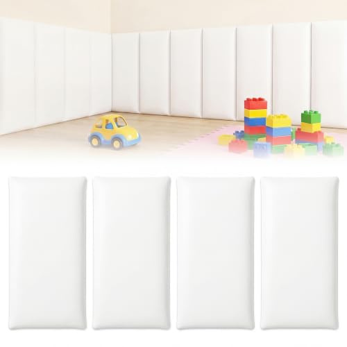 OJTOJT 3D Wandpaneele, 4 Stück 20x40cm Selbstklebende Wandpolsterung, PU Wasserdicht Wandpaneel Gepolstert, Wandkissen Kinderzimmer für Schlafzimmer, Kinderzimmer (Weiß)
