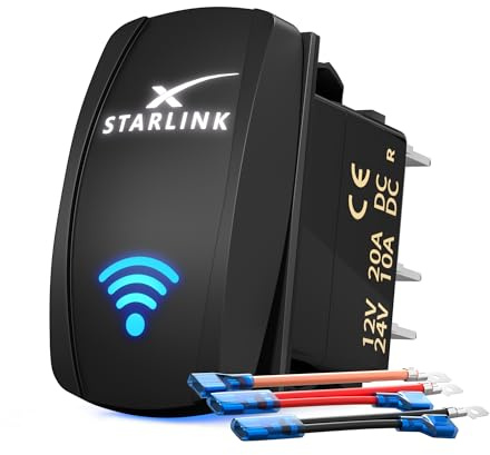 Joinfworld 1 Interrupteur à Bascule pour Starlink Mini Gen 1-3 IP66 Étanche 5-Broches 20A 12V 24V SPST avec LED Noir Design Câbles Kit Installation Camping-car Bateau et Satellite Signal