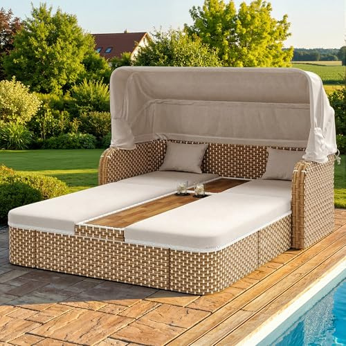 SACOOL Sonnenschirmstuhl Beige/Grau/Relaxsessel/Garten-Liegestuhl mit Markise/Sonneninsel aus Rattan mit Markise/Wetterfeste Terrassenmöbel/Geeignet für Balkone und Gärten