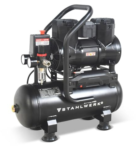 STAHLWERK Compresor con tanque de 10 L (ST-110 Pro) – sin aceite y silencioso, 8 bar, compresor de aire con motores sin escobillas, 1,97 CV, 1,45 kW, 250 l/min, compresor de pistón silencioso