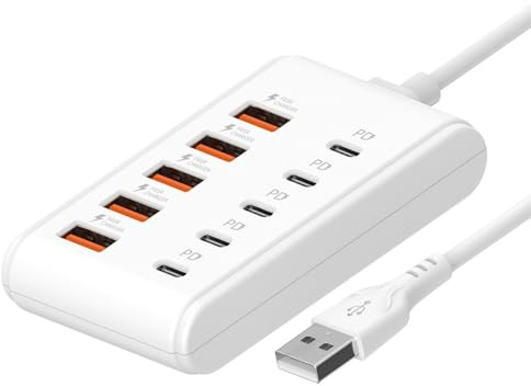 Powice 10 in 1 USB Ladegerät Hub mit Netzteil, 10 Port USB Mehrfachstecker, 5V 3A Multiport Ladestation für MacBook Pro/Air, iMac, Surface Pro, PC, Laptop, Tastatur, Maus, Festplatte usw., 1m Kabel
