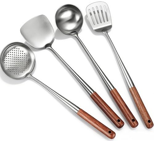 Wok Spatula Set, 4 PCS Metal Spatulas for Cooking with Heat Resistant Wood Handle and Soup Ladle Set Wok Utensils with Ladle Slotted Spoon Spatula