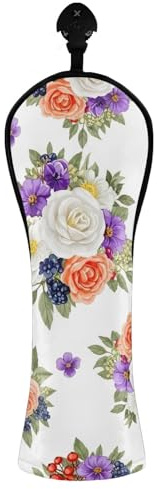 Copritesta per mazze da golf vintage con fiori bianchi, per driver ibridi in legno, unisex, in pelle PU con etichette intercambiabili
