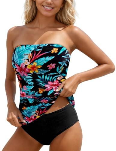 Tankini Sets for Women UK - 2 Piece Strapless Bandeau Swimsuits High Waist Tummy Control, Quickly Dry Swimwear Soft Stretchy for Beach Holiday Pool