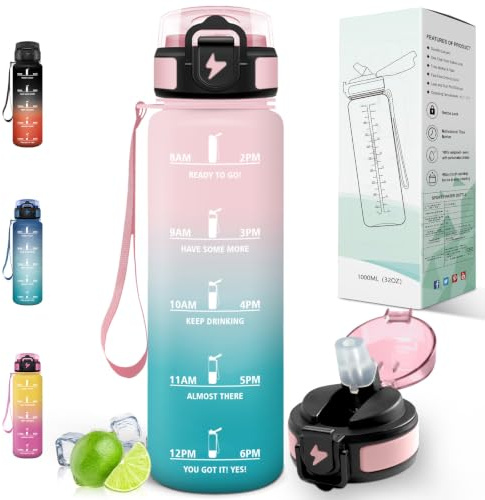 Motswedi Borraccia 1 litro, con cannuccia, Bottiglia d'acqua Motivazionale, con Indicatore di Tempo, Borraccia Palestra 1 litro, per Corsa, Ciclismo, Palestra, Yoga, Rosa & Verde
