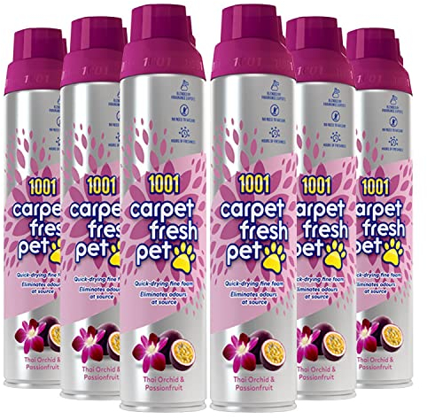 1001 Carpet Fresh Pet Thai Orchid & Passionfruit Fragrance – Quick drying, For use On Carpet Rug Upholstery Freshening Foam Pet Odour Remover, Pack of 6 300ml Aerosol Spray Can