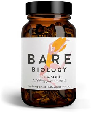 Bare Biology Life & Soul Easy to Swallow Mini Omega 3 Capsules 1700mg | Four mini capsules provide 1100mg EPA & 500mg DHA to support heart, brain function & eye health. IFOS Certified for purity.