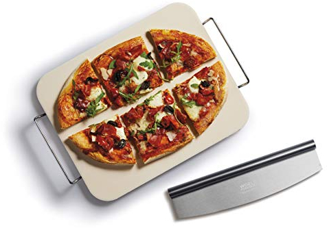 KitchenCraft World of Flavours Rectangular Ceramic Pizza Stone and Rocking Pizza Cutter Set, 2 Pieces