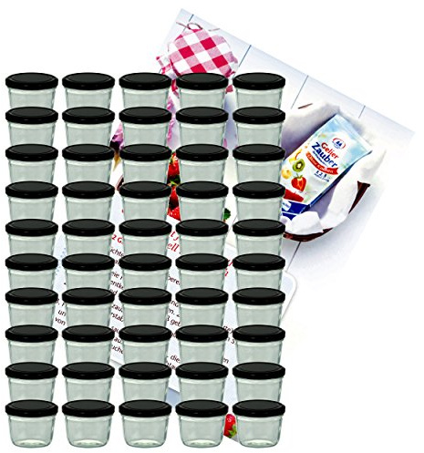 MamboCat 50er Set Sturzglas 230 ml Marmeladenglas Einmachglas Einweckglas to 82 schwarzer Deckel incl. Diamant-Zucker Gelierzauber Rezeptheft