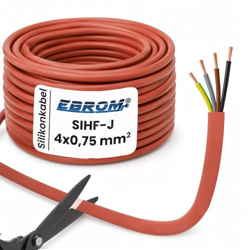 EBROM Silikonkabel Saunakabel SIHF-J 4x0,75 mm², Länge: 10 Meter 4x0,75 mm2 | 1 m bis 50 m, Hitzebeständig bis 180 Grad 99,9% OFC Kupfer verzinnt, für Saunaofen-Steuerung, Heizgeräte und Wärmeanwendungen