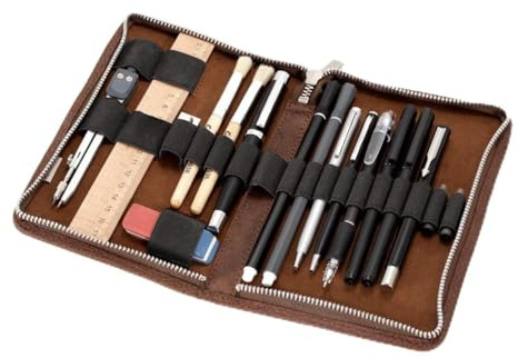 Jahn-Tasche - Großes Federmäppchen/Exklusives Stifte-Etui Größe L aus Büffel-Leder, Cognac-Braun, Modell 014