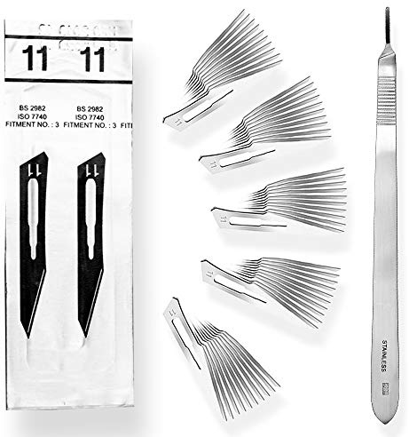 May Skalpell-Set Figur 11 gebogener Halter 20 cm Karbonstahl 50 Stk | Praktisches Set: 20 cm Skalpellhalter (Fig. 3) mit gebogenem Edelstahl-Griff und 50 sterilen Karbonstahlklingen Figur 11.