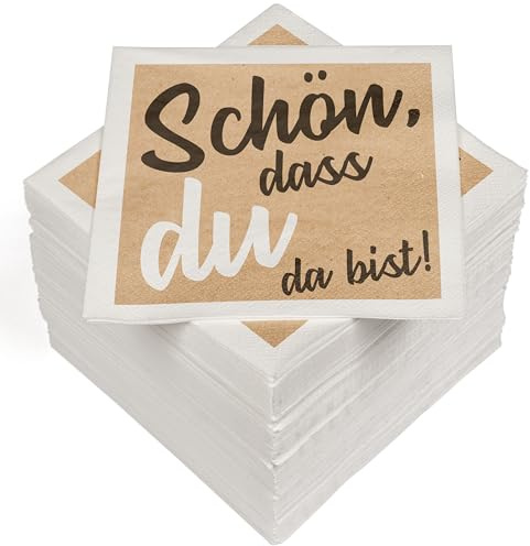 HEKU 100 Servietten, 3-lagig, 33x33cm I Saugstark und praktisch verpackt I Ideal für Hochzeiten, Jubiläen und besondere Anlässe, Schön, dass du da bist nature